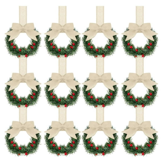 12 Pcs Christmas Kitchen Cabinet Wreaths with Ribbon 5.12 inch Mini Christmas Wreath Small Kitchen Wreath Greenery Wreath for Window Door