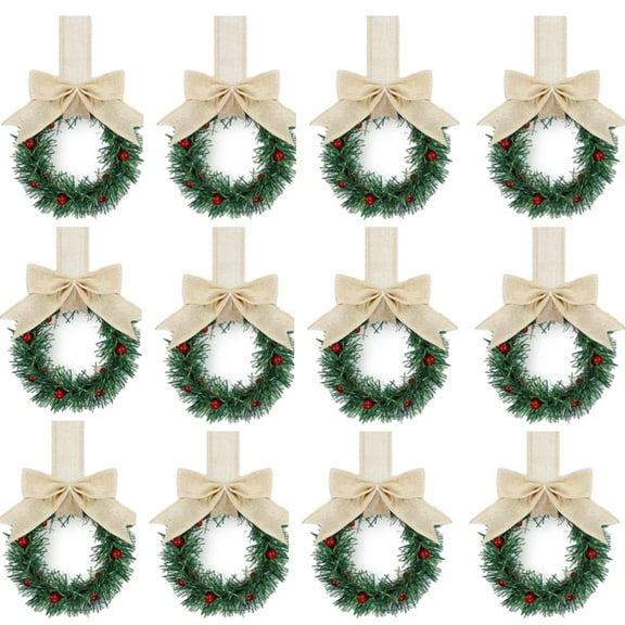 12 Pcs Christmas Kitchen Cabinets Wreaths withBeige Ribbon Norfolk Pine Christmas Wreath with Bows Berry 5.12" Hanging Wreaths for Front Door Window Christmas Decorations