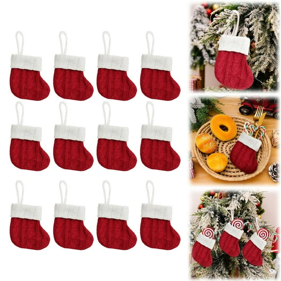12 Pcs Christmas Knitted Stocking Multi Use Candy Bag Utensil Holder & Tree Ornament For Holiday Decor