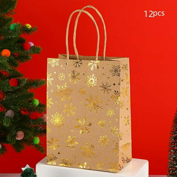 12 Pcs Christmas Kraft Paper Bag Bronzing Gift Bags Golden Foil Gift Treat Goodie Bag with Handle for Holiday New Year Party Packaging Decor
