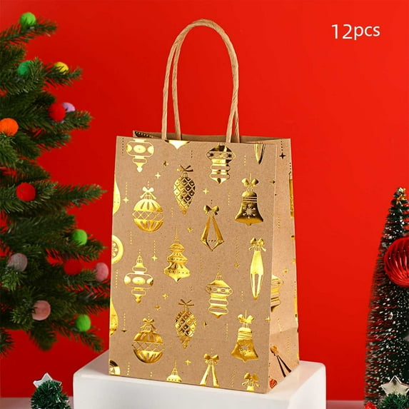 12 Pcs Christmas Kraft Paper Bag Bronzing Gift Bags Golden Foil Gift Treat Goodie Bag with Handle for Holiday New Year Party Packaging Decor