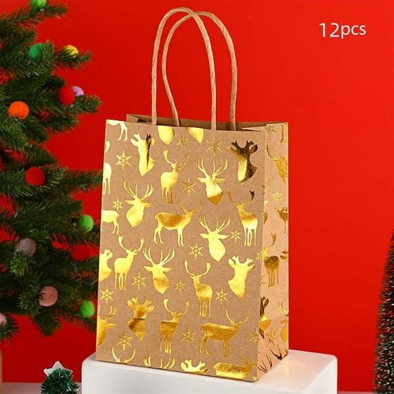 12 Pcs Christmas Kraft Paper Bag Bronzing Gift Bags Golden Foil Gift Treat Goodie Bag with Handle for Holiday New Year Party Packaging Decor