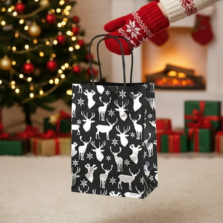 12 Pcs Christmas Kraft Paper Bag Bronzing Gift Bags Silver Foil Black Gift Treat Goodie Bag with Handle for Holiday New Year Party Packaging Decor