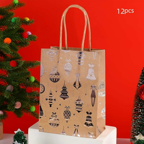 12 Pcs Christmas Kraft Paper Bag Bronzing Gift Bags Silver Foil Gift Treat Goodie Bag with Handle for Holiday New Year Party Packaging Decor