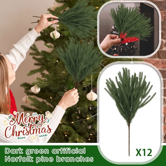 12 Pcs Christmas Norfolk Pine Branches, 18 Inch Real Touch Artificial Norfolk Pine Branch Faux Cedar Pine Stem Fake Greenery Pine Picks for Vase DIY Garland Wreath Home Decoration