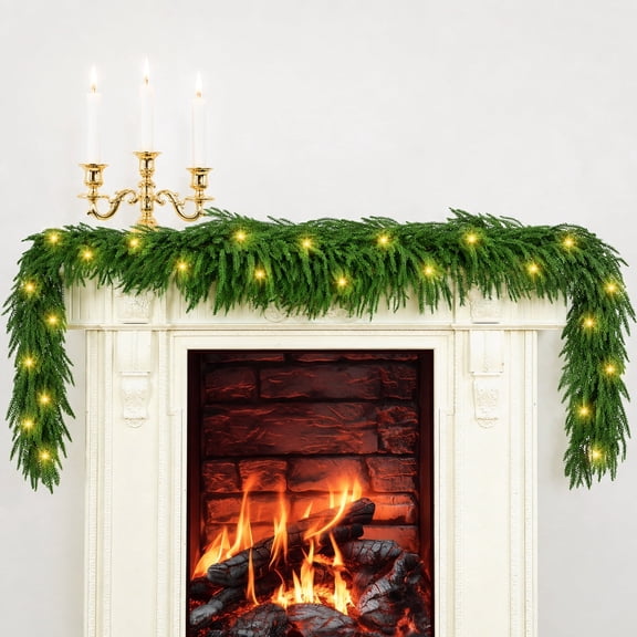 COSPELEY 6 ft Artificial Norfolk Pine Garland with Lights,Faux Greenery Garland for Holiday Mantle, Table, Wall, Indoor Outdoor Decor Christmas Decorations