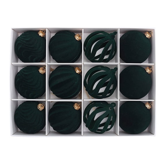 12 Pcs Christmas Ornaments Set, Green Velvet-Flocked Swirl Plastic Christmas Ball Ornament Set Soft Textured Shatterproof Hanging Baubles, Holiday Home and Party Decorations, 2 in