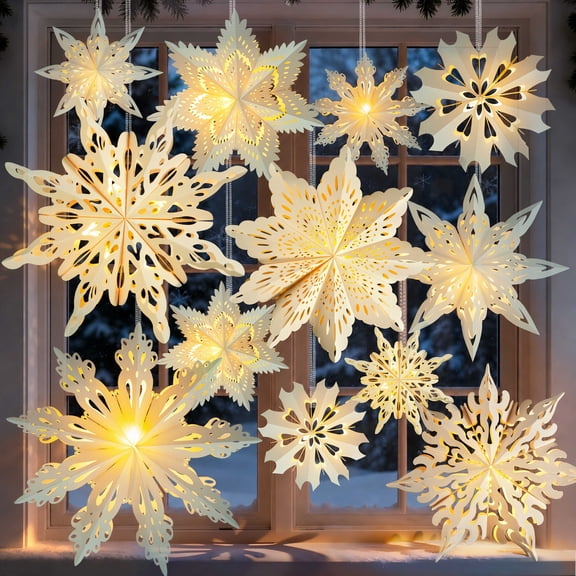 12 Pcs Christmas Paper Snowflake Lanterns, 3D Christmas Paper Star Lanterns with LED Lights, 14/16 Inch White Hanging Snowflake Lamps for Xmas Winter Frozen Weddings New Year Party Decorations