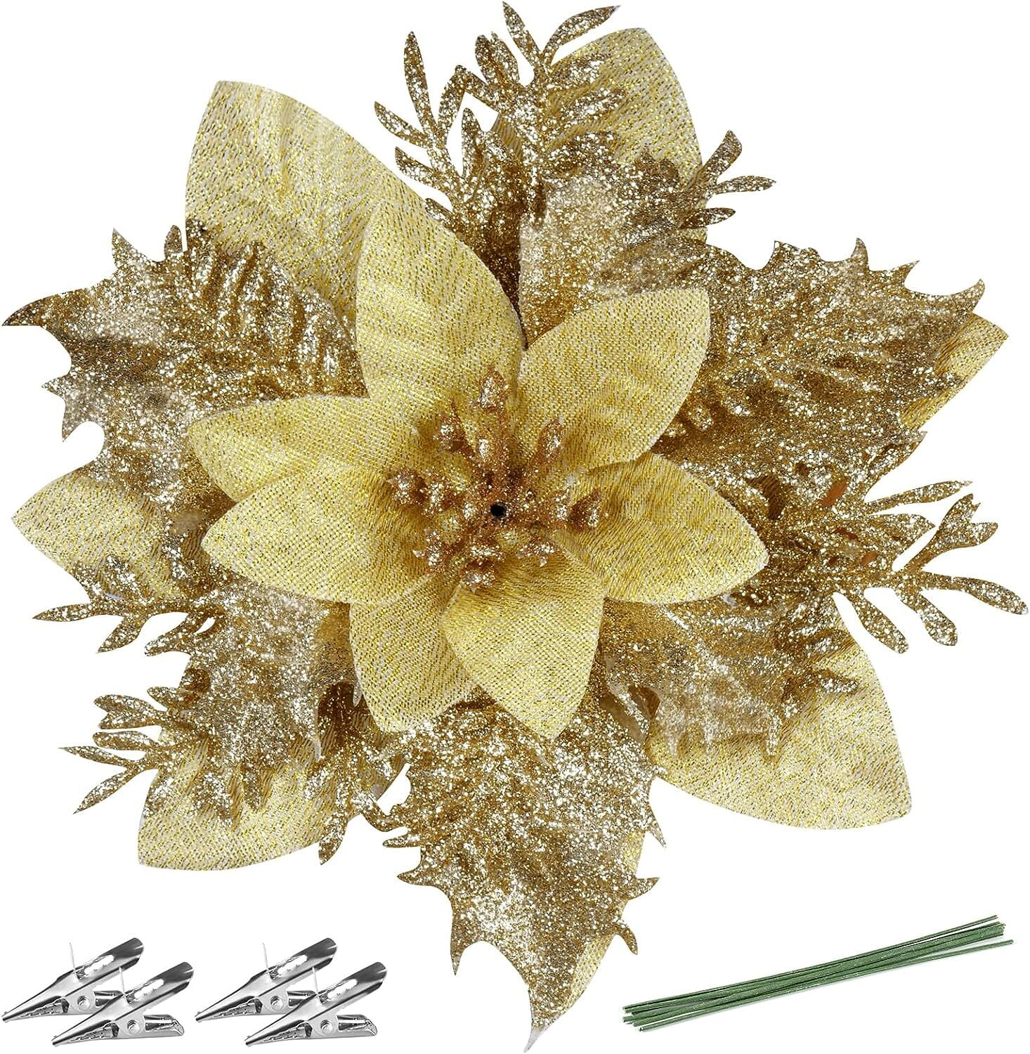 Gold Glitter Poinsettia Tabletop Christmas Centerpiece Set