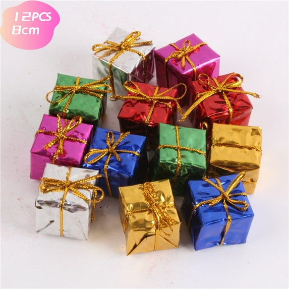 12 Pcs Christmas Shiny Mini Boxes Ornaments 3.15inch Assorted Colors Metallic Foil Wrapped Ornaments Decoration Boxes for Christmas Tree Hanging Decorations