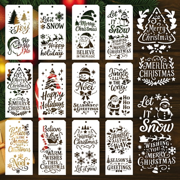 12 Pcs Christmas Stencils for Painting Merry Christmas Theme Painting Stencils Reusable Plastic Drawing Templates for Scrapbooking DIY Art Craft