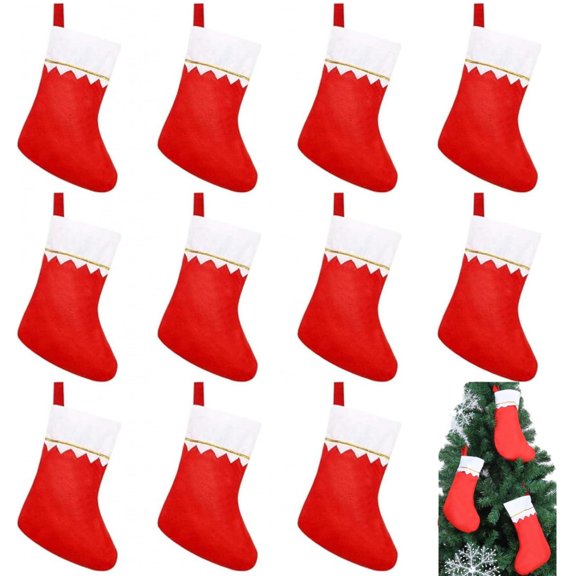 12 Pcs Christmas Stockings Red Felt Stockings Bulk Xmas Tree Hanging Sock Fireplace Santa Socks Christmas Tree Hanging Ornaments for Home Decor Present Stocking Bag,Red and White,Topboutique