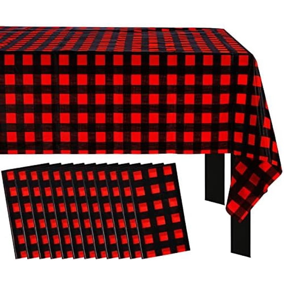 12 Pcs Christmas Tablecloth 54 x 108 in Black and Red Plaid Table Cloth Buffalo Checkered Table Cloth Disposable Plastic Desk Cover for Xmas Party Birthday Lumberjack Picnic