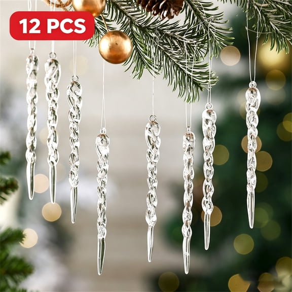 12 Pcs Christmas Transparent Icicle Ornaments, Clear Winter Icicle Pendants with Hanging Rope, Indoor Outdoor Christmas Tree Decorations for Holiday Party Window Door Ceiling Decor