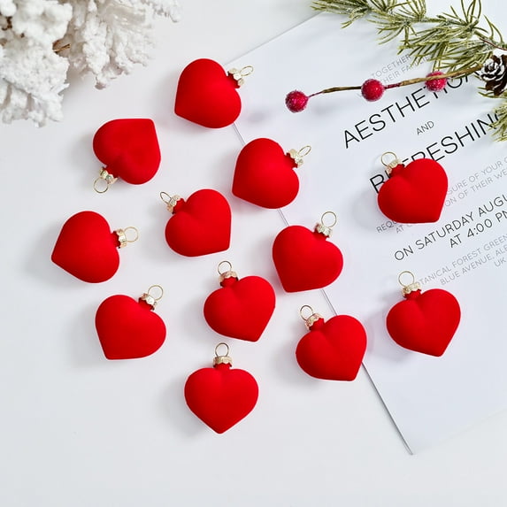 12 Pcs Christmas Velvet Ornaments Valentine's Day Heart Shaped Hanging Ornaments for Tree Velvet Valentines Flocked Red Heart Baubles Decorations for Xmas Wedding Anniversary