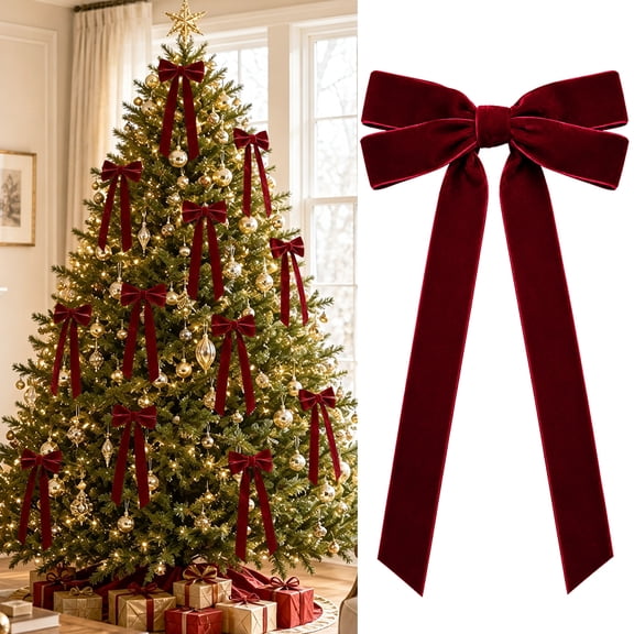 Swfoer 12 Pcs Velvet Ribbon Christmas Bows,Vintage Xmas Ornaments for Tree Wreath Holiday Outdoor Home Decor,Burgundy