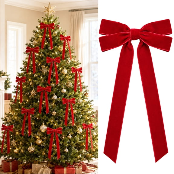 Swfoer 12 Pcs Velvet Ribbon Christmas Bows,Vintage Xmas Ornaments for Tree Wreath Holiday Outdoor Home Decor,Red