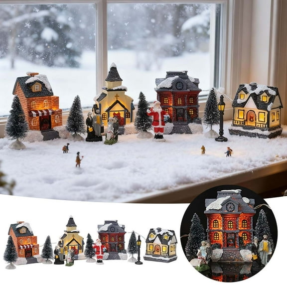 12 Pcs Christmas Village Sets with LED Lighted Houses and Figurines, Resin Winter Village Display for Xmas Town Scene Desktop Table Indoor Room Decor