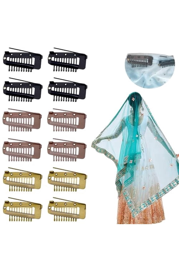 12 Pcs Chunni Clips with Safty Pins,Dupatta Hair Clip Easy to Use with Dupatta, Hijab & Tikka Setting,Multifunction10-Teeth Snap Clips for hair extension (multiple colour)