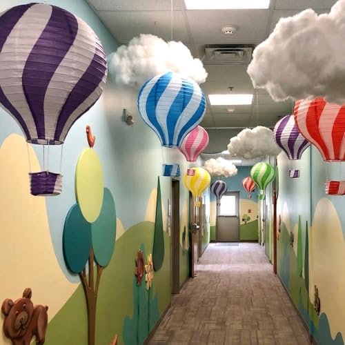 12 Pcs Classroom Decoration Hanging Clouds from Ceiling with Hot Air Balloon 6 Artificial Cloud Ornaments 6 Hot Air Balloon Paper Lanterns for Classroom Birthday Wedding Baby Shower Nursery
