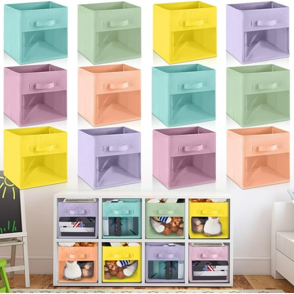 12 Pcs Clear Cube Storage Bins with Window 11 Inch Pastel Color