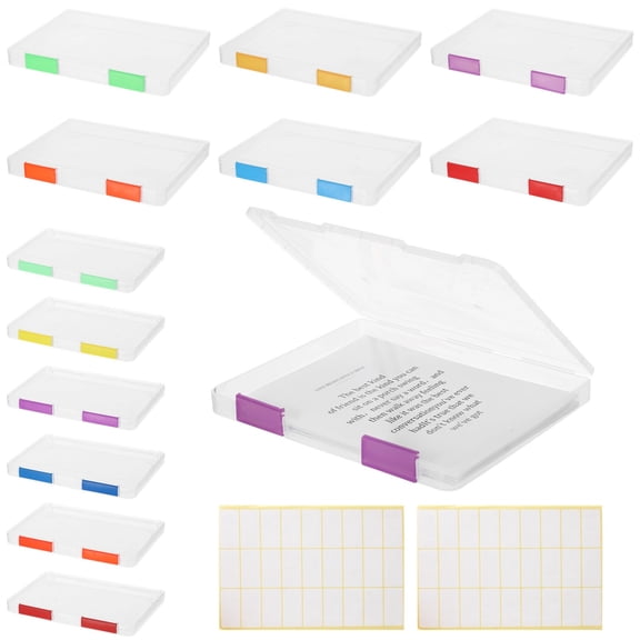12 Pcs Clear File Boxes, A4 A5 Plastic Paper Organizers with Color Buckles, 54 Labels Included, Stackable Transparent Document Protector Cases for Office, Home Use