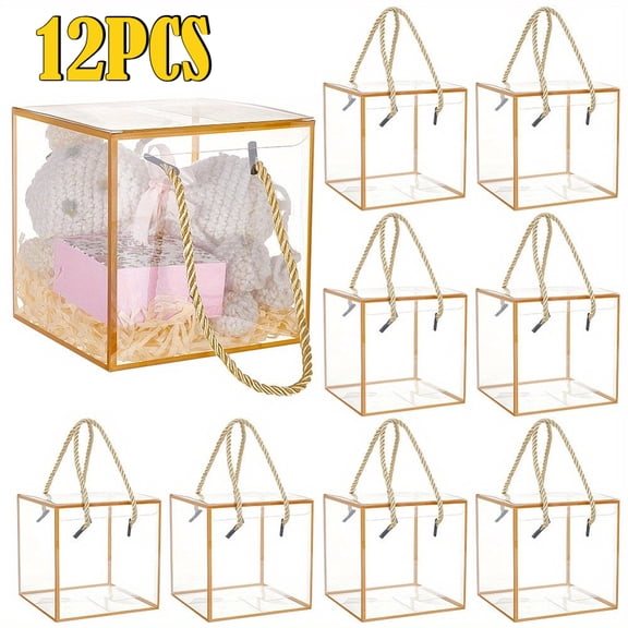 12 Pcs Clear Gift Boxes with String Handles, Transparent Cube Packaging Boxes for Wedding Favors, Party Treats, Jewelry Display, Holiday Gift Wrapping and Retail Presentation