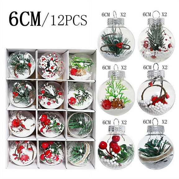 12 Pcs Clear Plastic Christmas Balls Ornaments, 2.36" Shatterproof Decorative Baubles Set with Stuffed Delicate Decor for Xmas New Years Birthday Wedding
