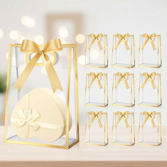 12 Pcs Clear Plastic Gift Bag with Die Cut Handles Reusable  Favor Bag with Ribbon for Christmas Wedding Bridal Birthday Baby Shower Party Small Business, 7x10x3.15 Inch(Gold)