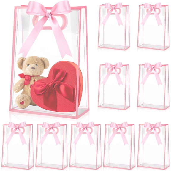 12 Pcs Clear Plastic Gift Bag with Die Cut Handles Reusable PP Favor Bag with Ribbon for Fall Halloween Wedding Bridal Birthday Baby Shower Party Small Business, 7x10x3.15 Inch-Pink