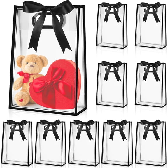 12 Pcs Clear Plastic Gift Bag with Die Cut Handles Reusable PP Favor Bag with Ribbon for Valentine Wedding Bridal Birthday Baby Shower Party Small Business, 7x10x3.15 Inch(White)