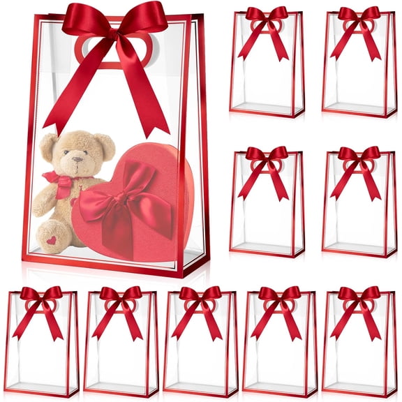 12 Pcs Clear Plastic Gift Bag with Die Cut Handles Reusable PP Favor Bag with Ribbon for Valentine Wedding Bridal Birthday Baby Shower Party Small Business, 7x10x3.15 Inch(Red)