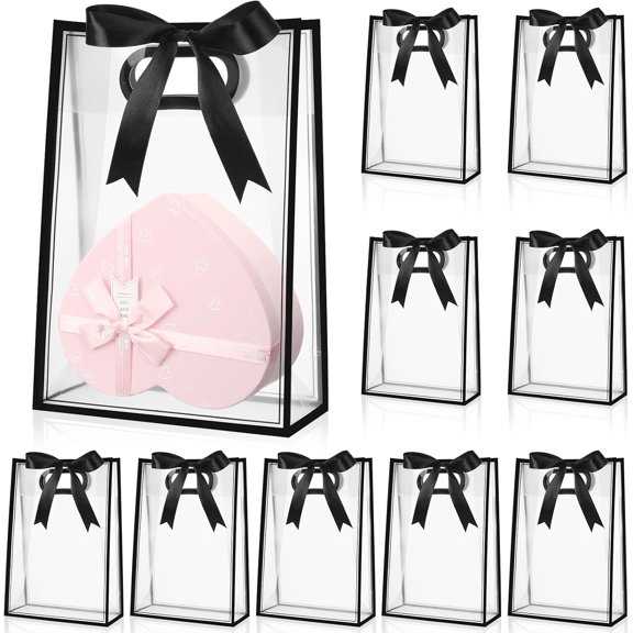 12 Pcs Clear Plastic Gift Bag with Die Cut Handles Reusable PP Favor Bag with Ribbon for Wedding Bridal Christmas Birthday Party Baby Shower Shopping Business, 7x10x3.15 Inch(Black)