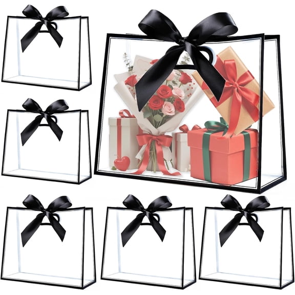 12 Pcs Clear Plastic Gift Bags with Die Cut Handles,Reusable Party Favor Bags with Ribbons, Clear Gift Bag for Wedding Bridal Baby Shower Birthday Party Business, 12 x 10 x 5''(Black)