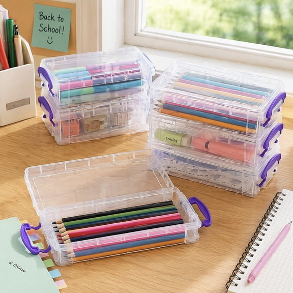 12 Pcs Clear Purple Plastic Pencil Boxes with Snap Button Lids, Large Capacity Stackable Desktop Storage Organizer, Durable Stationery Craft Supply Case for Office, Art Studio Home Desk Organization