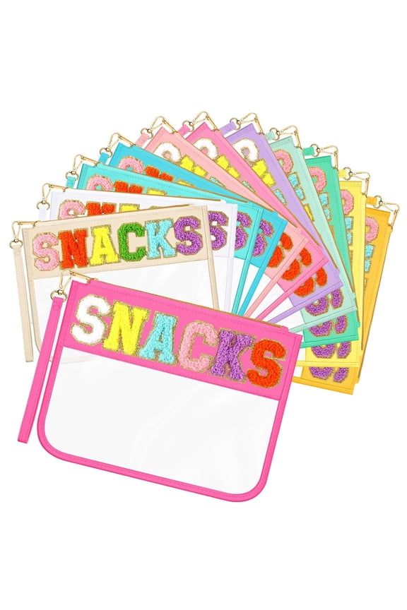 12 Pcs Clear Snack Bags with Chenille Letter Zipper and Preppy Patch PVC Waterproof Cosmetic Travel Toiletry Organizer Multicolor