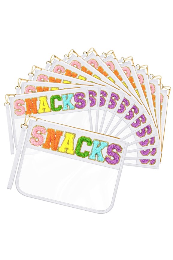 12 Pcs Clear Snack Bags with Zipper Preppy Patch PVC Waterproof Travel Toiletry Organizer White
