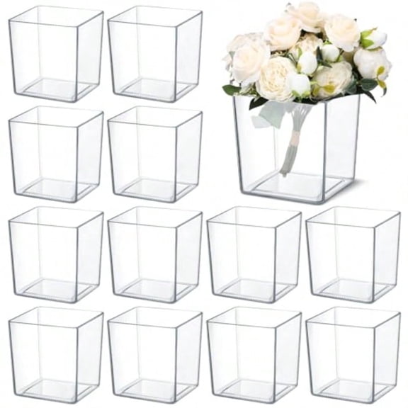 12 Pcs Clear Square Vase 5'' x 5'' Acrylic Flower Plastic Vases for Centerpieces Acrylic Cube Plastic Container Bulk Succulent Pots Planters for Plant Wedding Home Office Floral Decor