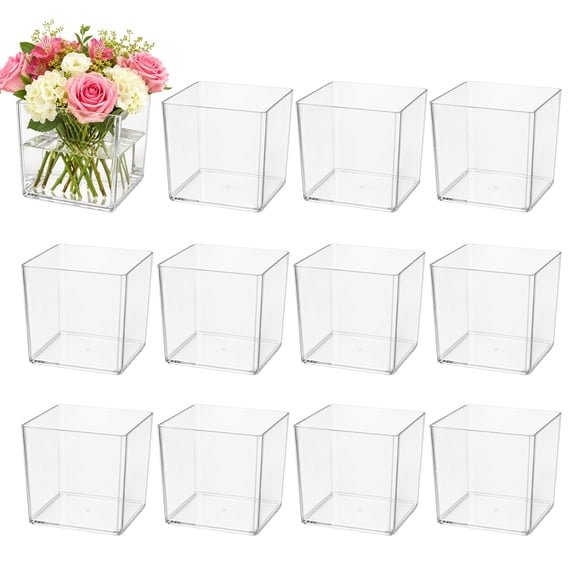 12 Pcs Clear Square Vase, 5 x 5 in Acrylic Flower Vases for Centerpieces, Shatterproof Succulent Pots Planters, Plastic Cube Floral Containers for Wedding Home Office Decor, Hydroponic Plant Pot