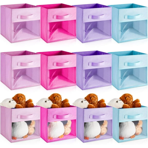 12 Pcs Clear Storage Bins Collapsible Cube Fabric Storage Organizer Bin with Window for Kid Room Daycare Nursery Playroom(Blue, Purple, Rose, Pink,Solid)