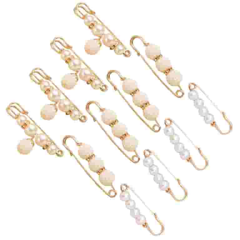 5-Pack Silver Alloy Brooch Pins - Fake Pearl & Crystal Safety Pin Clips For Clothing Decor