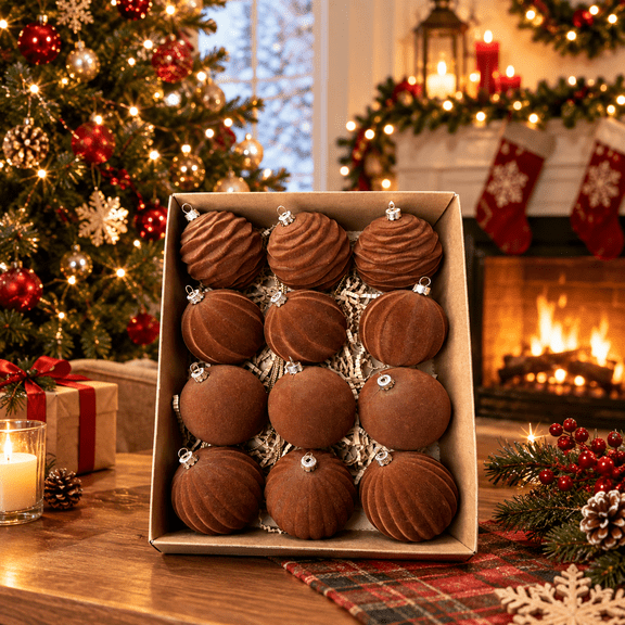 12 Pcs Coffee Brown Velvet Flocked Christmas Balls, 2.36 Inch Christmas Tree Ornaments, Brown Hanging Xmas Ball Decorations, Soft Textured Christmas Tree Decor for Home, Mantel, Wreath, Garland