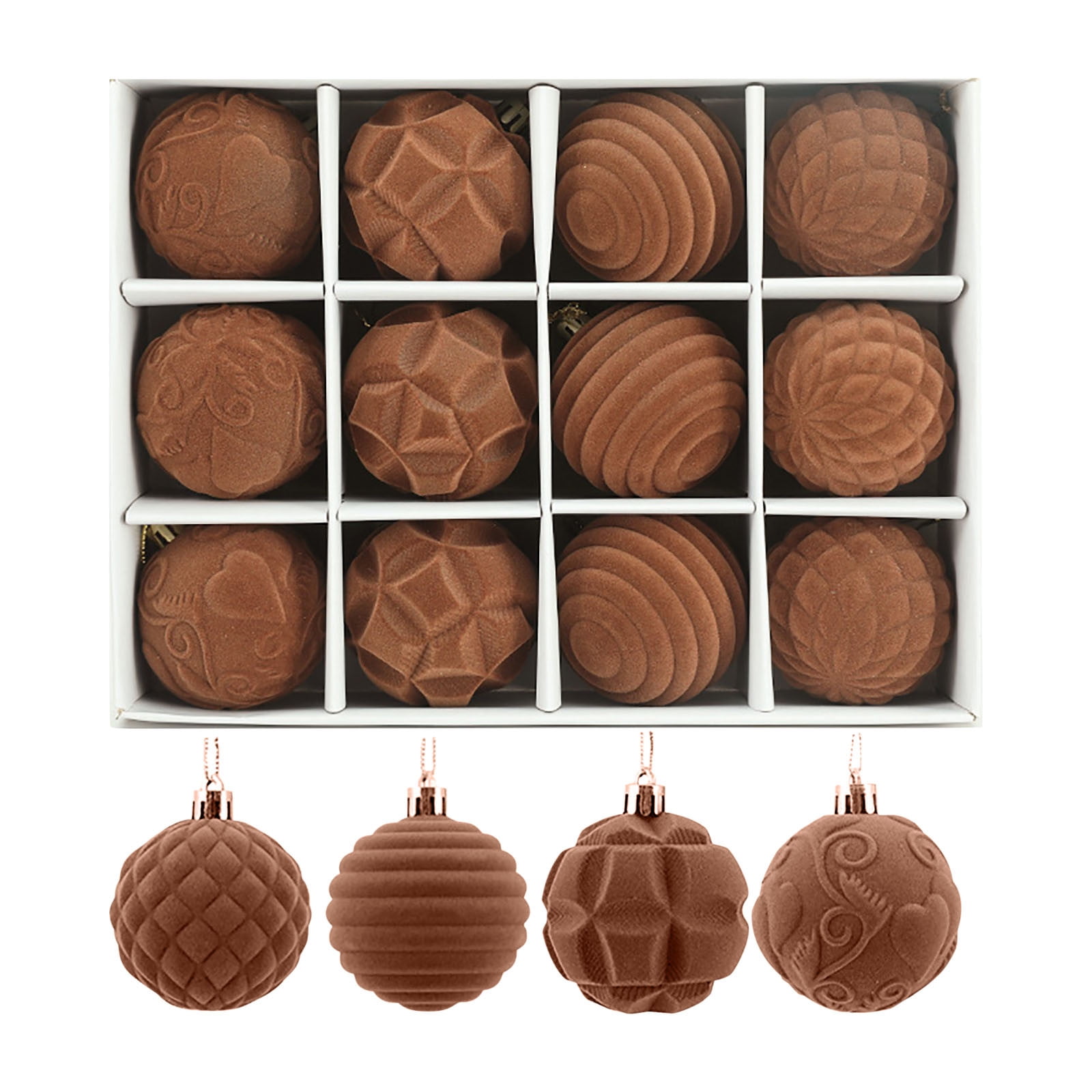 12 Pcs Coffee Velvet Christmas Balls Bulk Flocked Christmas Tree Ball