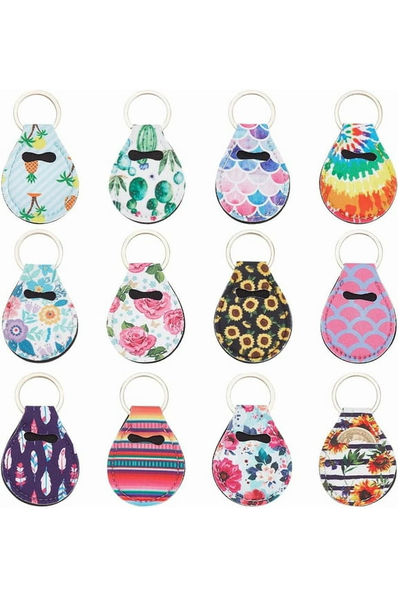 12 Pcs Coin Holder Keychain 12 Styles Universal Medallion Keychains Keyring Teardrop Coin Storage Key Chain Neoprene Keychain Storage Pouch for AA Medallion Standard Challenge Coin