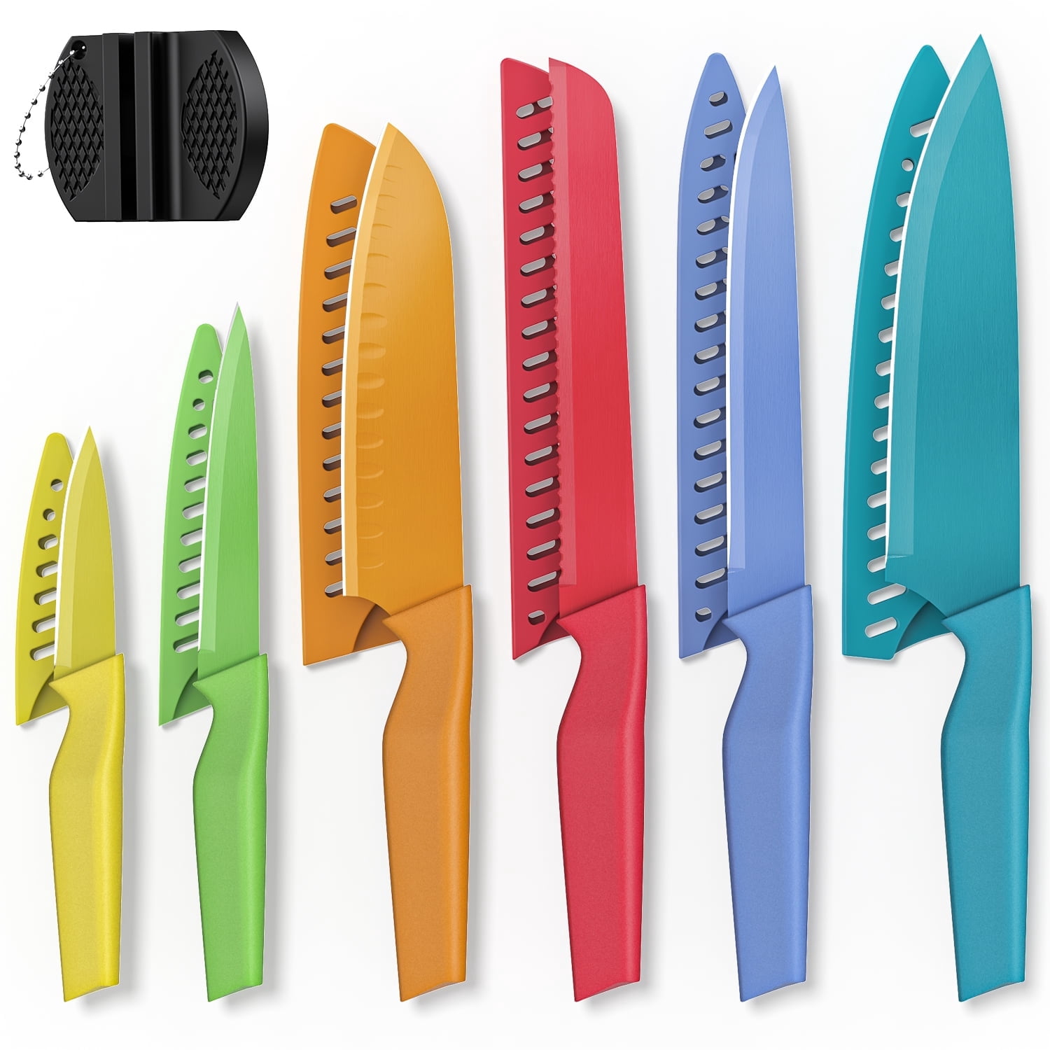GPED 13 Pcs Kitchen Knives Set with Sharpener, Anti-Rust Coating, High Carbon Stainless Steel Chef Knife Sets with 6 Blade Guards, Dishwasher Safe, Multicolor