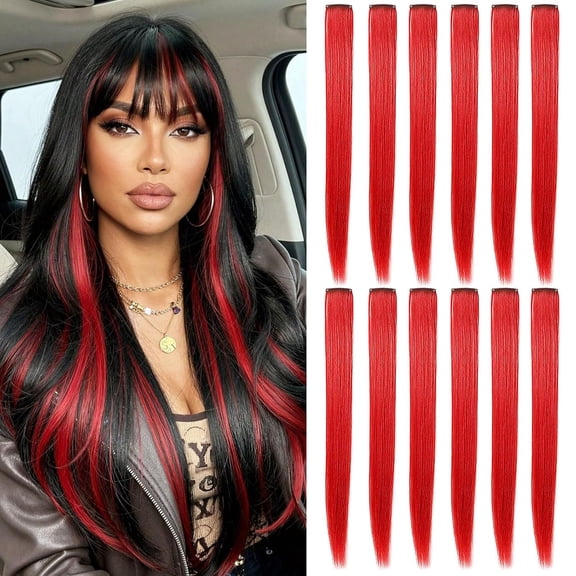 12 Pcs Colored Hair Extensions, Red, 20 Inch