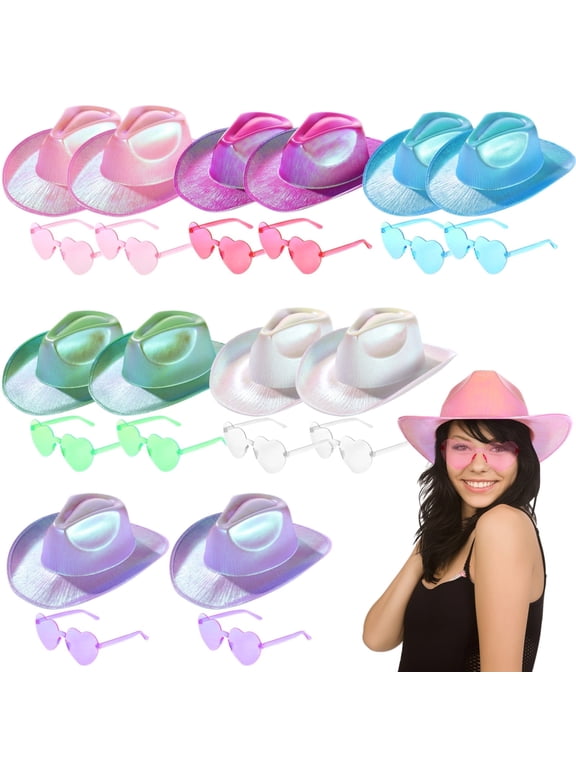12 Pcs Colorful Cowgirl Hats, Metallic Space Cowboy Hats with Heart-shaped Sunglasses, Glitter Pearlescent Hats,Accessories for Disco Parties,