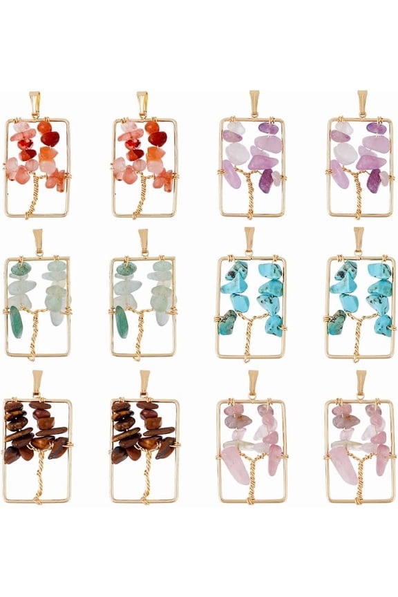 12 Pcs Colorful Gemstone Tree of Life Square Pendant Pairs Creative DIY Accessories for Earrings Necklace Tree of Life Trinkets Charming Gifts for femalefriends Wives Mothers. Making DIY