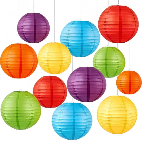 12 Pcs Colorful Round Hanging Paper Lanterns, 6/8/10 Inch, Rainbow Paper Lantern Set for Halloween, Thanksgiving, Christmas, New Year, Birthday, Wedding & Baby Shower Decor