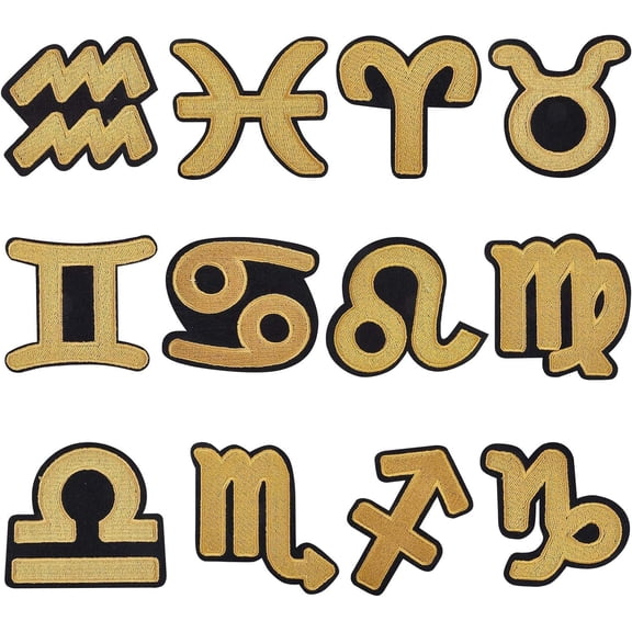 12 Pcs Constellation Symbols Patch Gold Zodiac Embroidered Iron On/Sew on DIY Decoration Patch Repairing Motif Badge Applique Computer Embroidery Zodiac Sign for Dress Plant Hat Jeans for diy